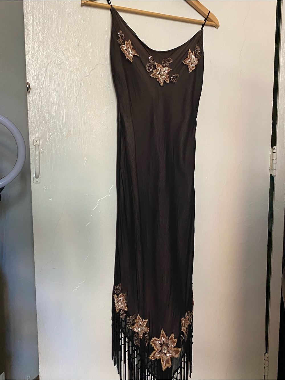vintage 1990s or early 2000s silk chocolate brown fabric with beaded floral.
